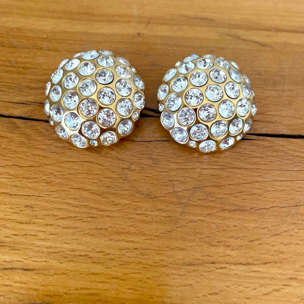 VTG Christian Dior Clip On Earrings Large Round Rhinestone Gold Tone Gently Used